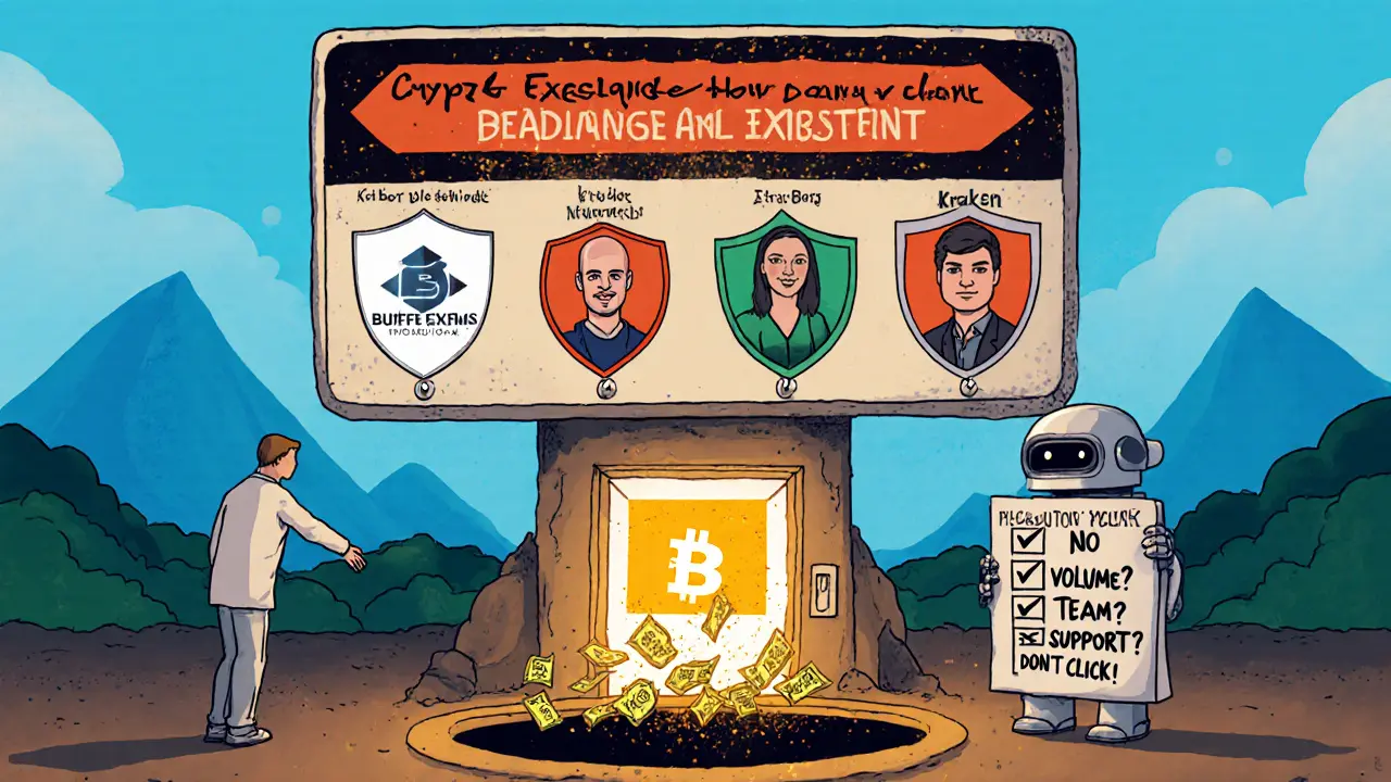 Eine Warnung vor unsicheren Kryptobörsen mit sicheren Alternativen und einer Person, die in eine Geldfalle tappen könnte.