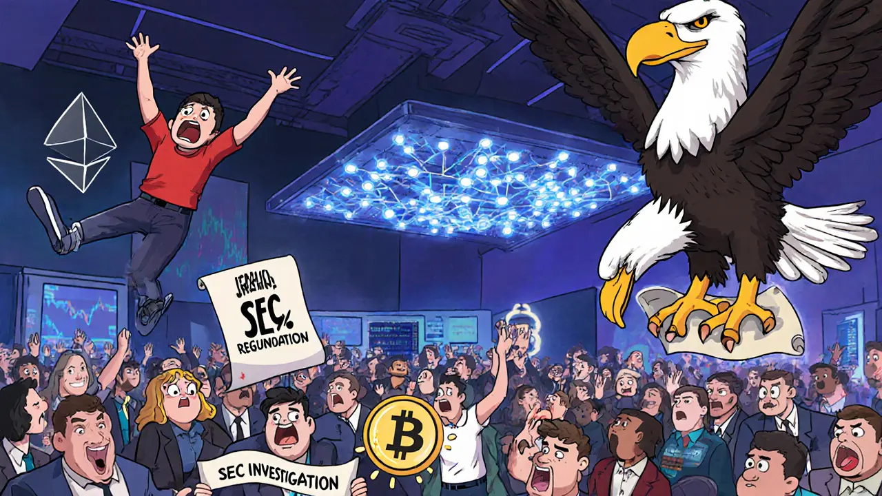 Emotionale Charaktere reagieren auf Kryptomarkt-Schwankungen, während eine Regulierungsbehörde mit einer Warnung herabschwebt.