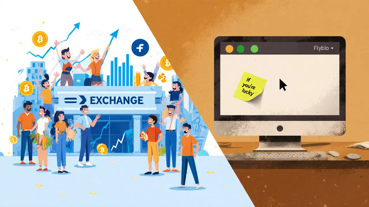 Gegensatz: Aktive Kryptobörse links, verlassene Flybit-Station rechts mit leerem Kontostand.