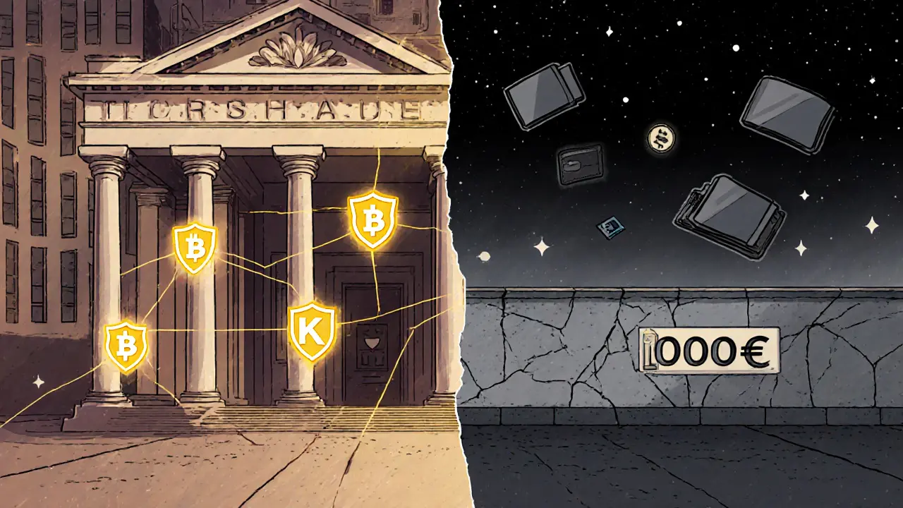 Gegensatz zwischen regulierter Krypto-Börse und anonymem DEX, getrennt durch eine Wand mit der Travel Rule.