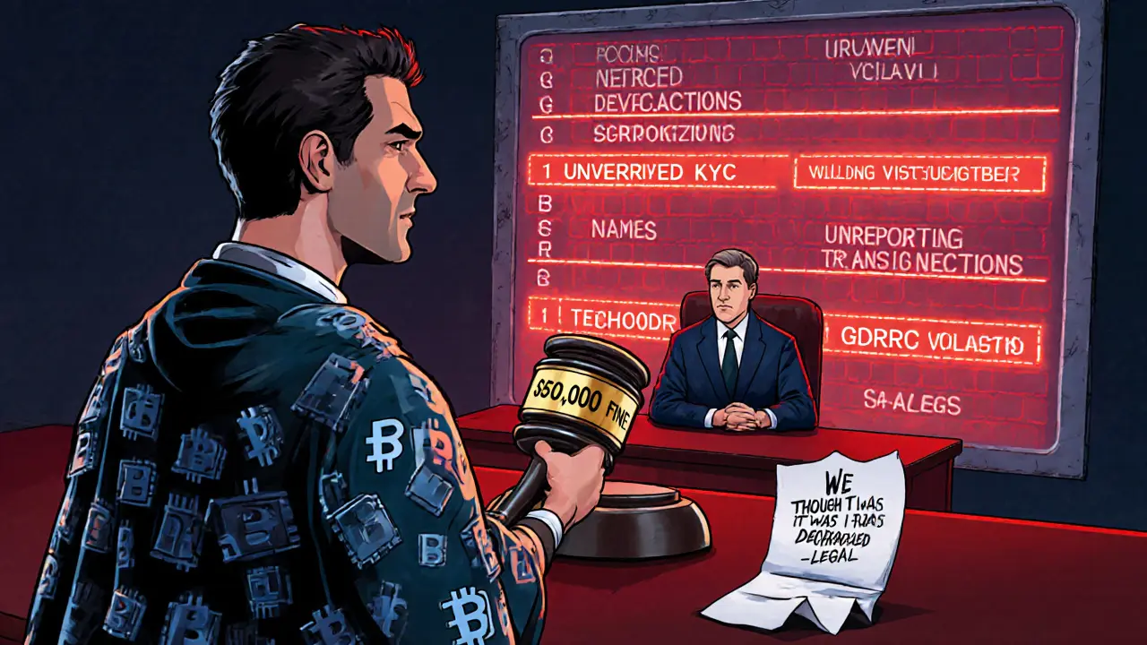 Gerichtssaal mit Blockchain-Gründer, der wegen Nicht-Einhaltung von Compliance bestraft wird.