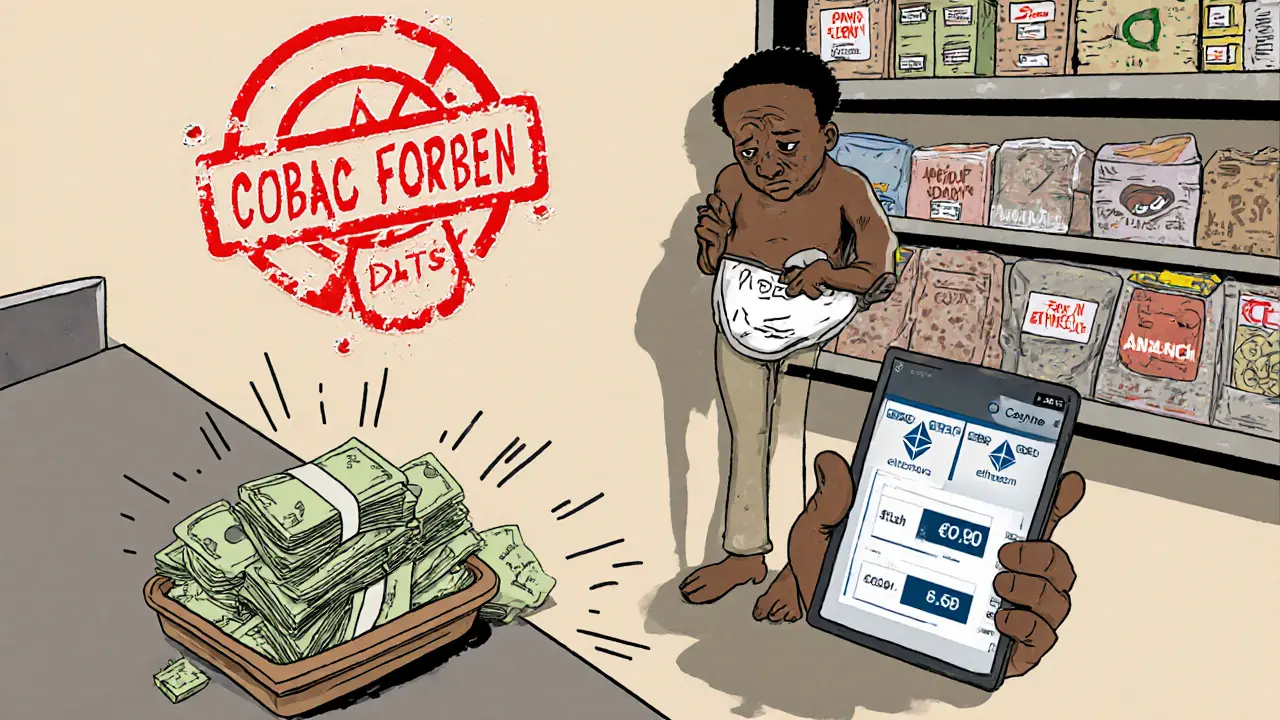 Geschäftsinhaber versteckt Bargeld, während eine Krypto-Wallet angezeigt wird – mit verbietenem Banklogo im Hintergrund.