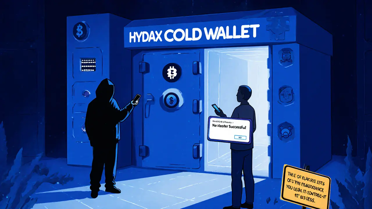 Geschlossener Safe mit 2FA-Schlüssel in der Hand eines anonymen Figures, ohne rechtlichen Schutz.