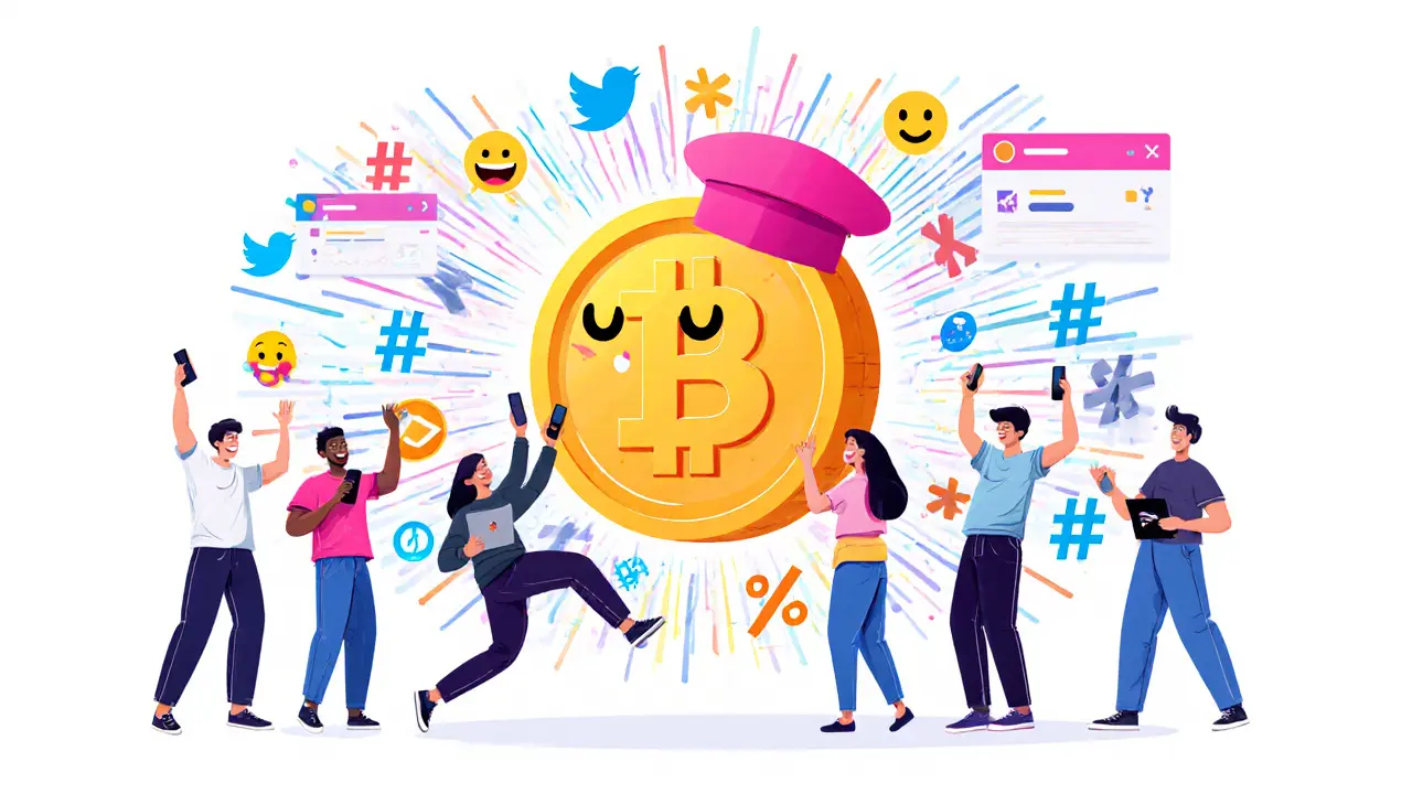 Junge Trader feiern um einen riesigen WIF-Memecoin mit pinkem Hut herum.