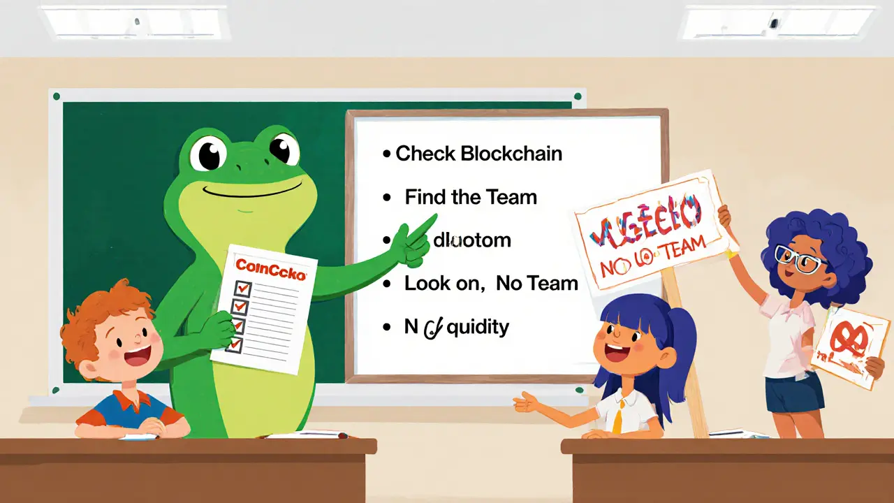 Klassenzimmer mit Lehrer, der zeigt, wie man falsche Kryptowährungen erkennt, während ein Gecko-Maskottchen zustimmt.