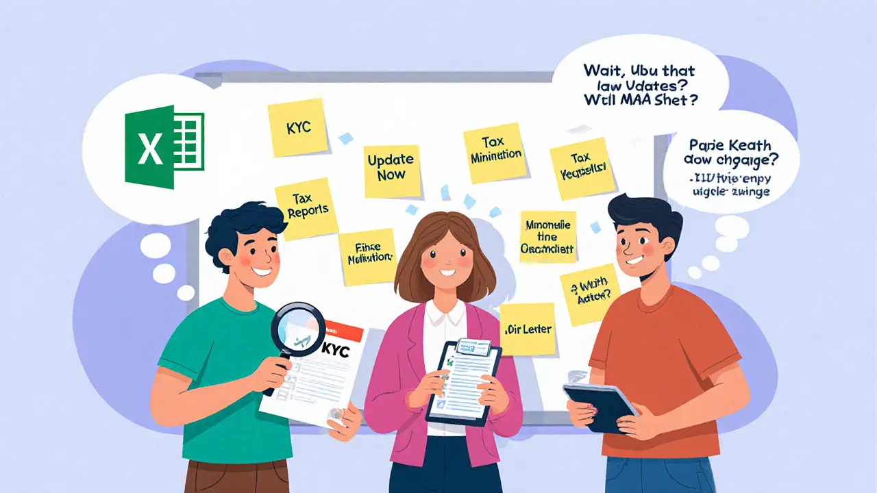 Kleines Team mit Whiteboard und Excel-Liste, das Compliance-Pflichten organisiert.