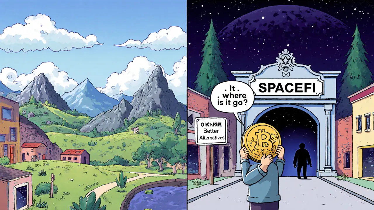 Kontrast: Aktive zkSync-Ecosystem rechts, verlassene SpaceFi-Gruft links mit Schild &#039;RIP&#039; und nutzlosen Tokens.