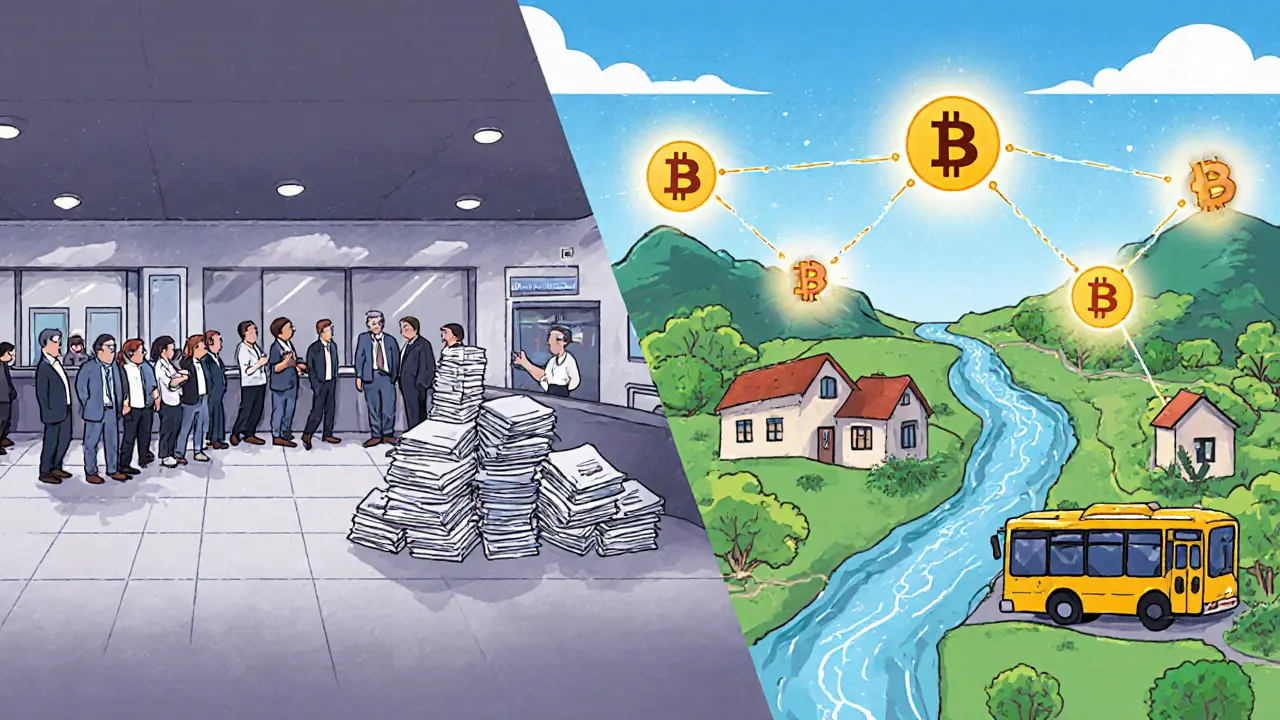 Linker Teil: öde Bankfiliale, rechter Teil: fließende Kryptowährungsnetzwerke durch Ecuador.