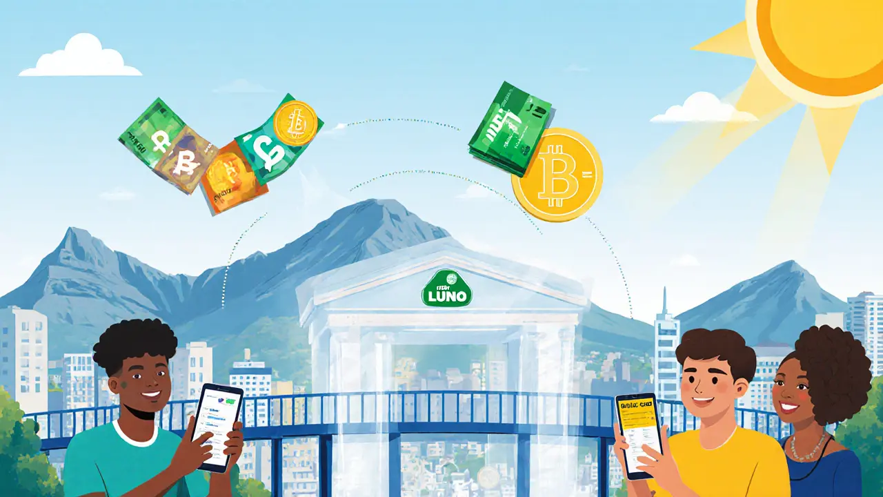 Menschen in Kapstadt senden sicher Krypto über regulierte Börsen, verbunden mit einer Bank und dem Tafelberg im Hintergrund.