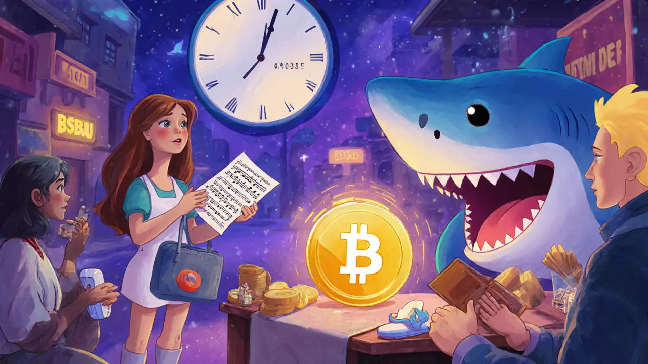 Menschen tauschen Erinnerungen gegen Baby Shark-Token in einer traumhaften Marktlandschaft.