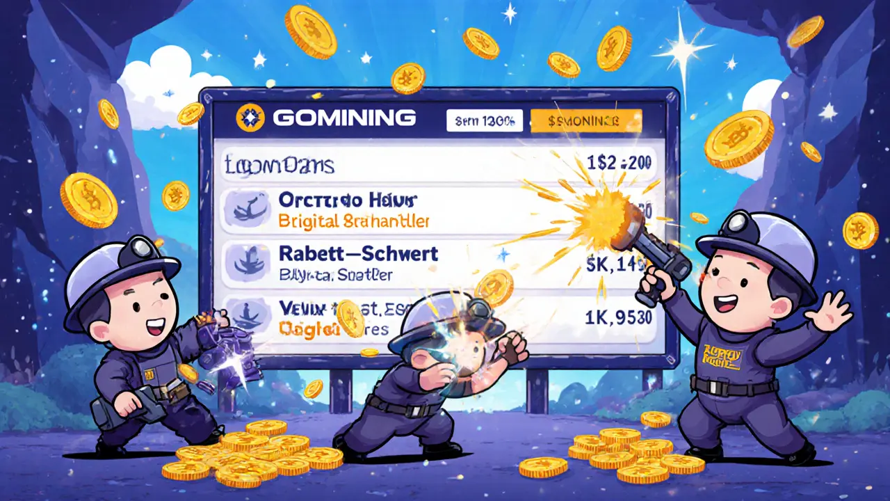 Spieler kämpfen in einem Spielarena mit digitalen Minern, während $GOMINING-Token vom Himmel fallen und eine Rangliste leuchtet.
