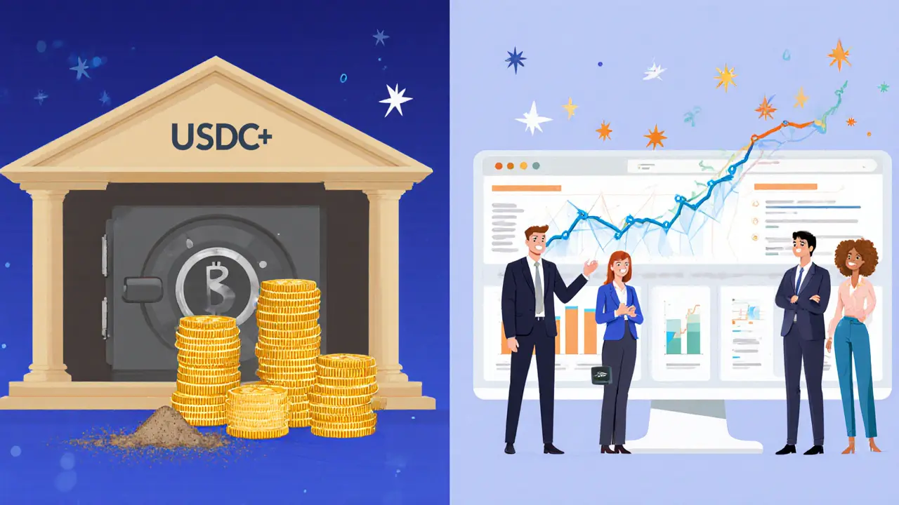 Vergleich: Statischer USDC in einer Bank vs. dynamischer, zinstragender USDC+ in der DeFi-Welt.
