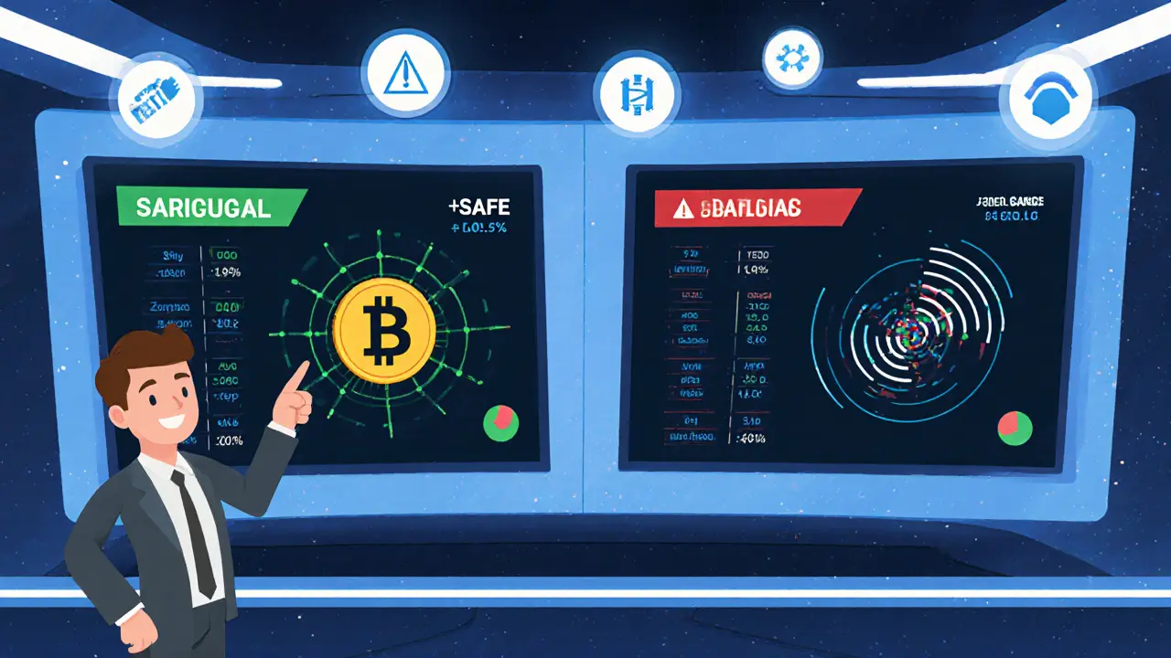 Vergleich zweier DeFi-Strategien: sicherer Single-Sided-Pool links, riskanter Dual-Sided-Pool rechts mit Warnlichtern.