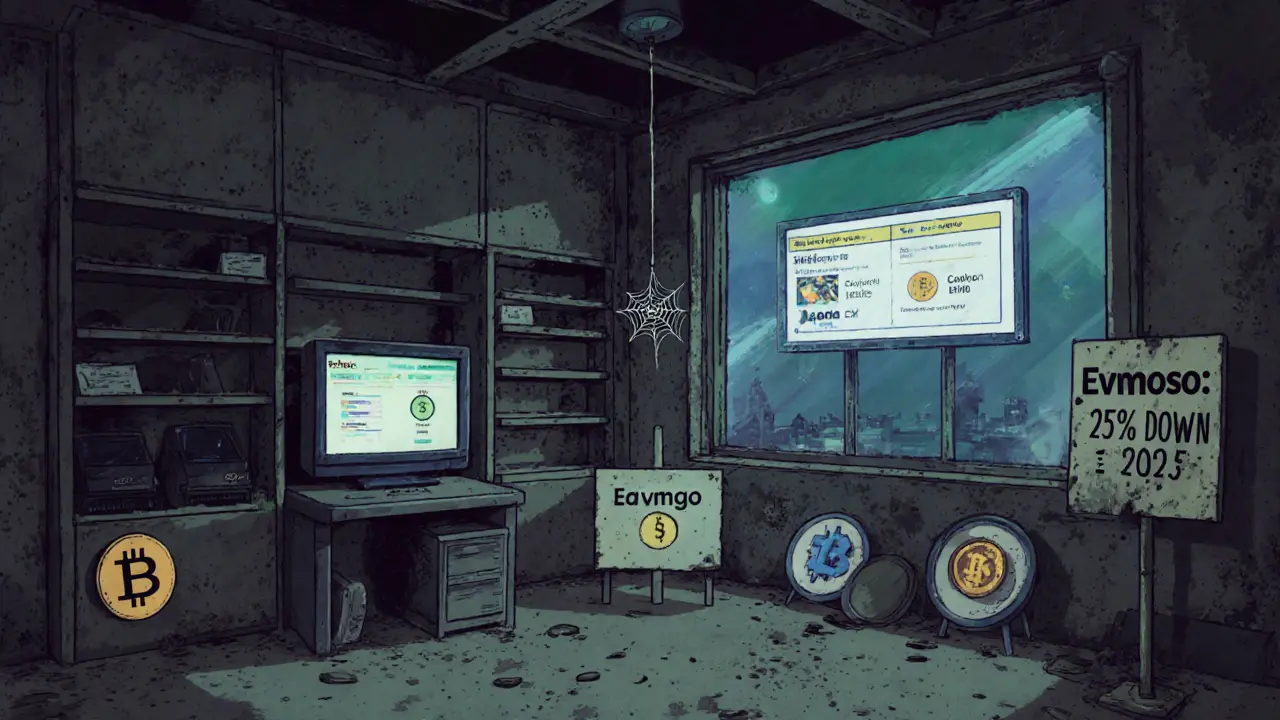 Verlassener SpaceFi-Launchpad mit leeren Regalen, stillen Chat-Fenstern und einem &#039;0 BTC Handelsvolumen&#039;-Display.