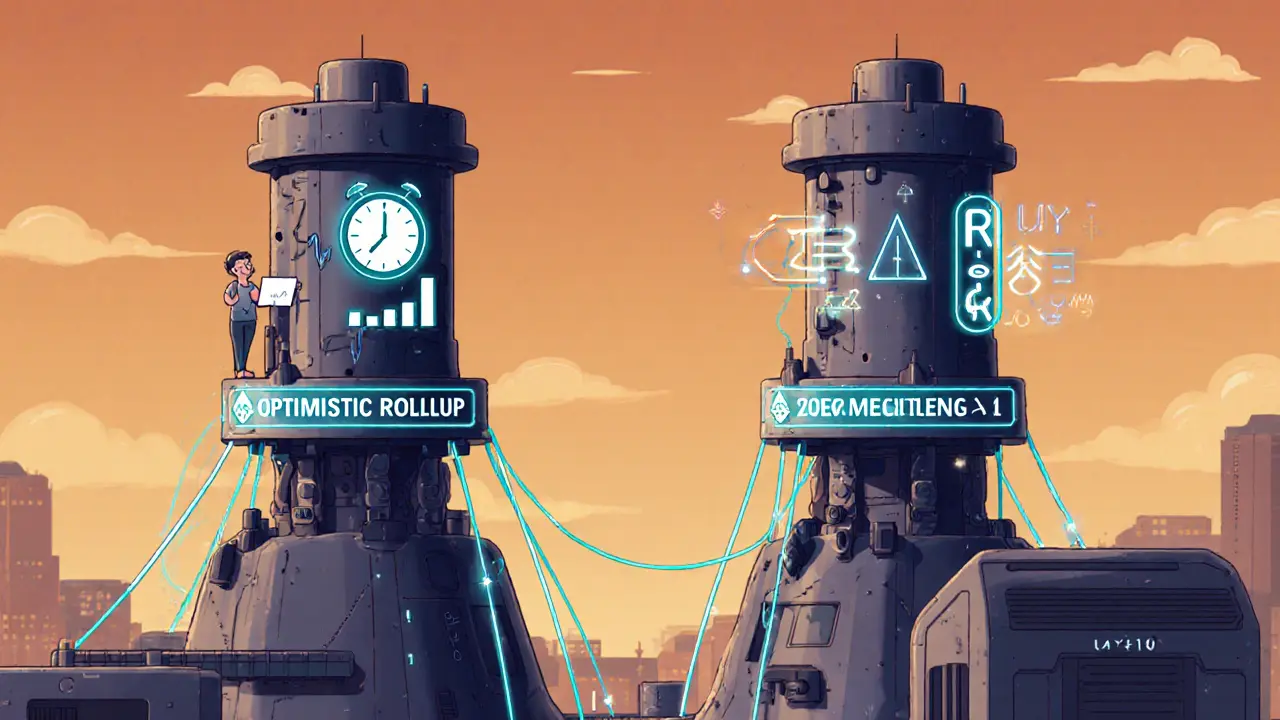 Zwei Transaktions-Türme: einer mit 7-Tage-Wartezeit, der andere mit sofortigen mathematischen Beweisen, verbunden mit Ethereum Layer 1.