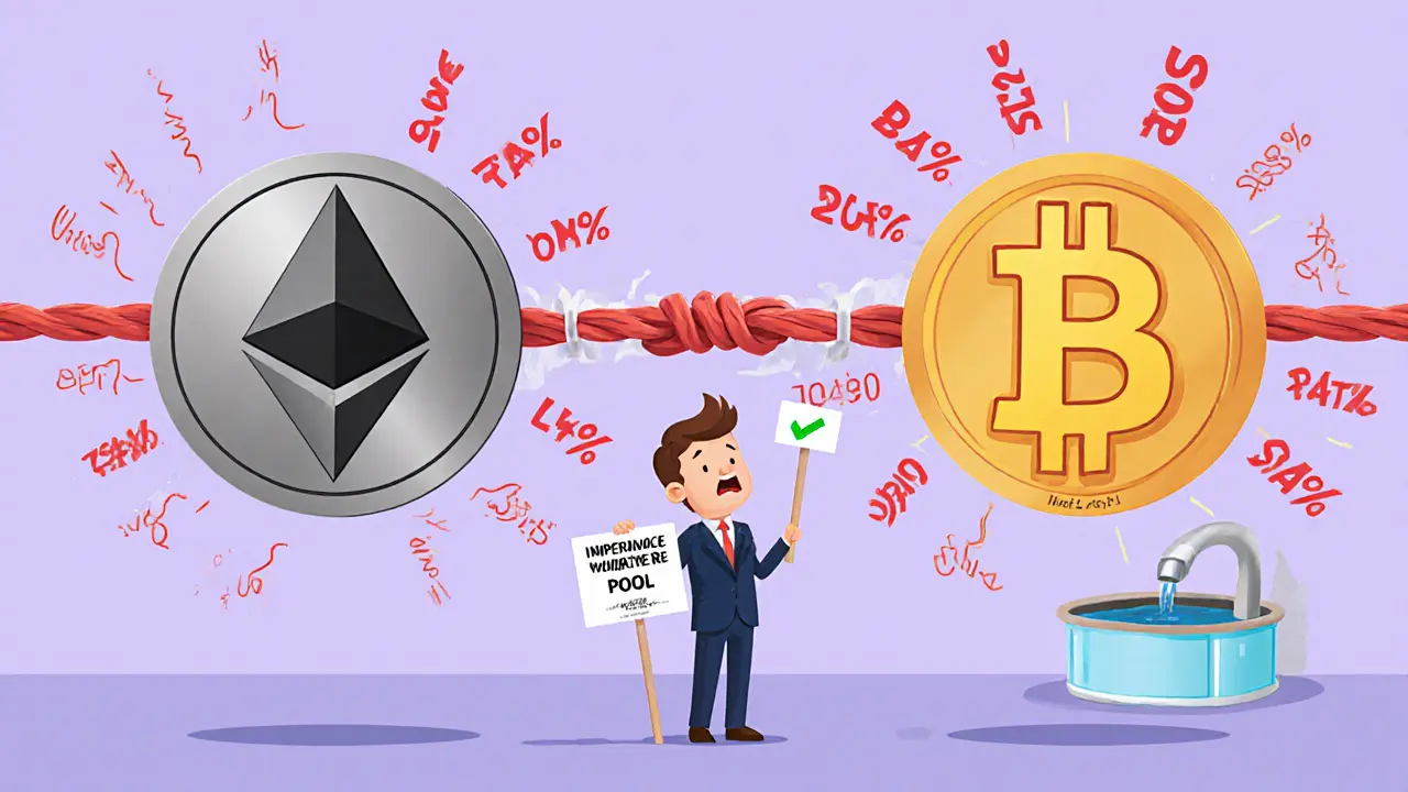 Zwei verknüpfte Tokens in einem weiten Preisbereich, mit roten Verlustsymbolen entlang einer elastischen Verbindung.