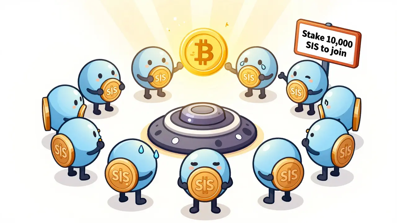 51 cartoonhafte Relays halten SIS-Tokens als Schilder, um eine erfolgreiche Transaktion herum.