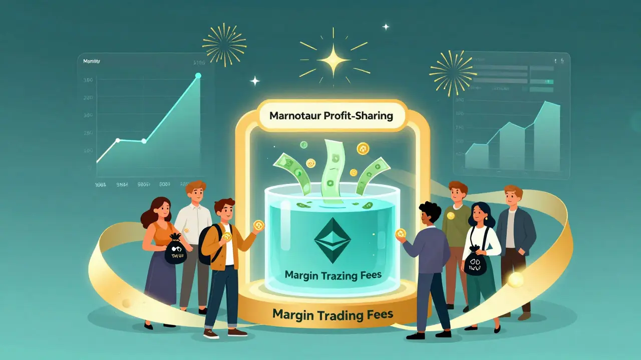 Avatares erhalten monatliche Auszahlungen aus einem Liquidity-Pool, während mehrere Blockchain-Netzwerke sie umgeben.