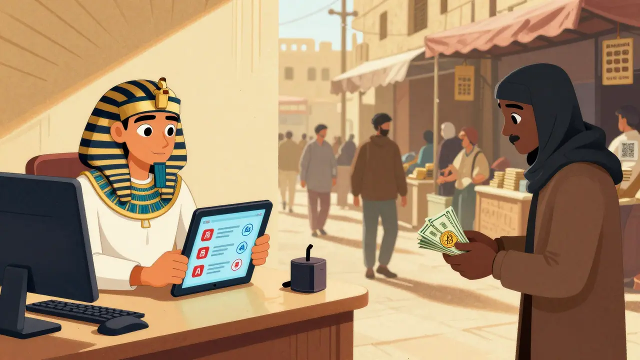 Bankangestellter analysiert Blockchain-Daten, während jemand heimlich Bitcoin mit Bargeld kauft.