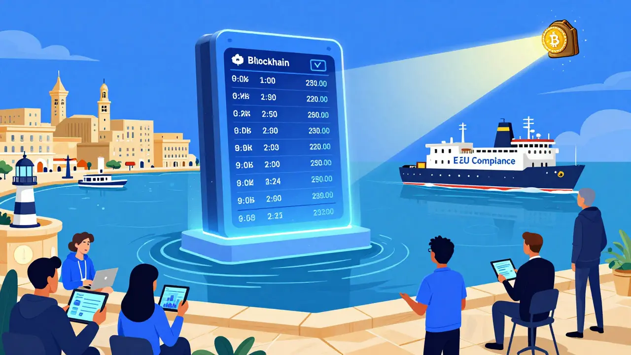 Blockchain-Ledger über dem Hafen von Malta, Entwickler arbeiten zusammen, ein Schiff mit EU-Kompatibilität segelt vorbei.