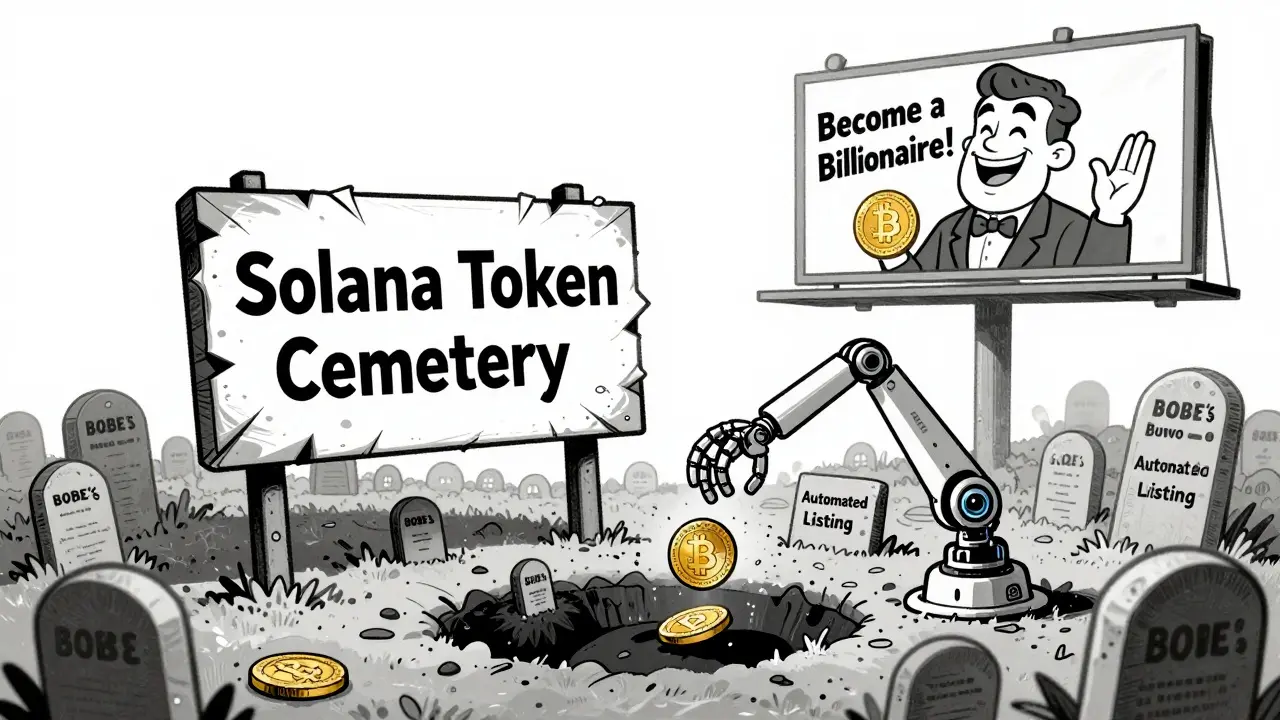 BOBE liegt in einem Friedhof für Kryptotokens, während ein Roboter weitere Tokens abwirft.