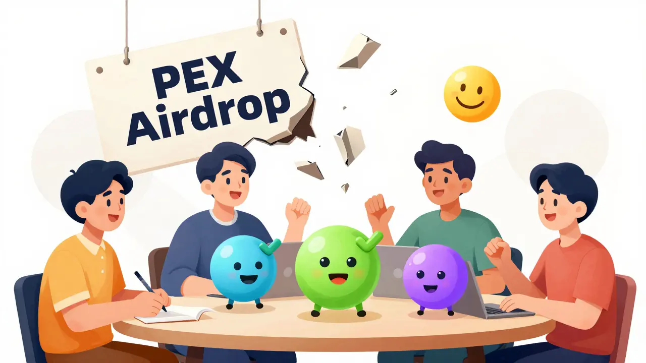 Community mit echten Airdrop-Projekten, während ein zusammenbrechendes Schild 'PEX Airdrop' hinter ihnen fällt.