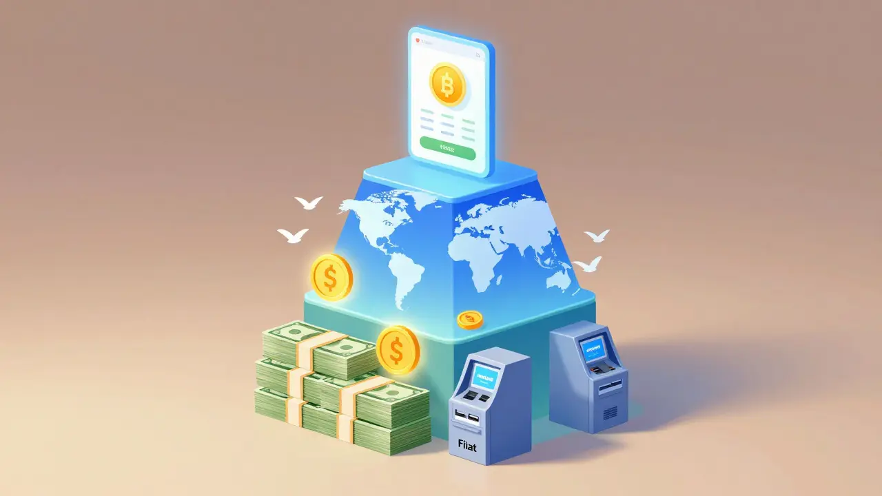 Drei Schichten des Geldes: Bargeld, Stablecoins und CBDCs, harmonisch als Pyramide dargestellt, ohne Konflikt.