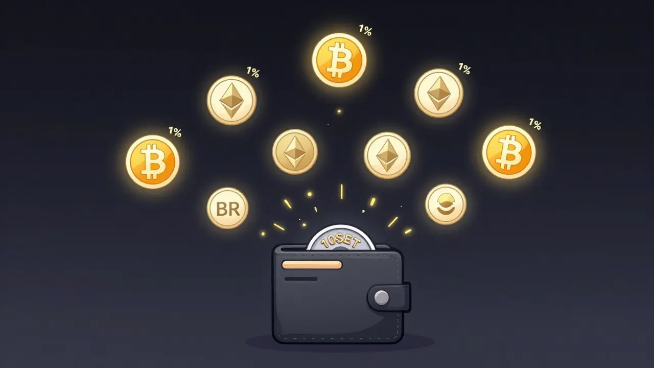 Ein 10SET-Token verteilt automatisch passive Einkünfte an zehn kryptowährungsbasierte Assets in einem sich drehenden Orbit.