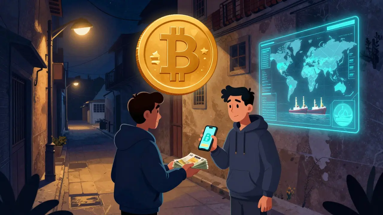 Ein anonyme Krypto-Broker tauscht Euro gegen USDT in einer dunklen Gasse von Caracas.