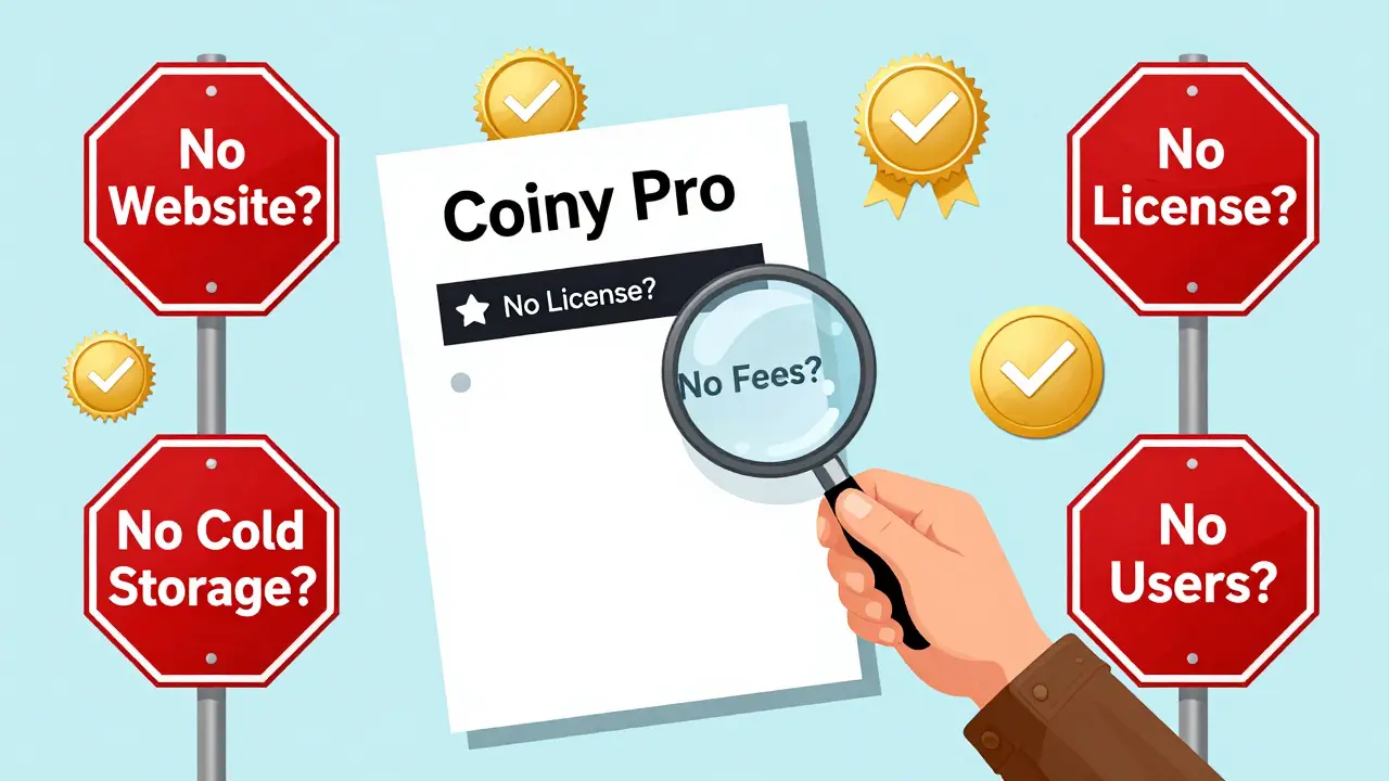 Ein Detektiv untersucht ein leeres Dokument mit 'Coiny Pro' – umgeben von fünf roten Warnschildern.