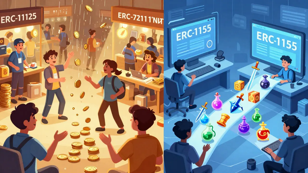 Ein digitaler Markt mit hohen Gasgebühren auf der linken und effizienten Batch-Transfers auf der rechten Seite.