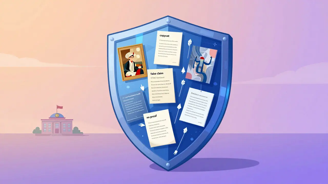 Ein digitaler Schild aus Blockchain-Blöcken schützt Kunstwerke vor Diebstahl und falschen Ansprüchen.