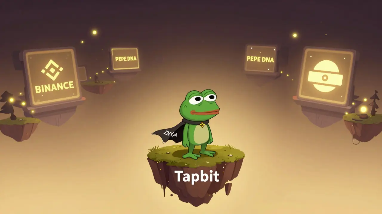 Ein einsamer PEPE-Frosch steht allein auf einer winzigen Insel, während große Kryptobörsen in der Ferne leuchten.