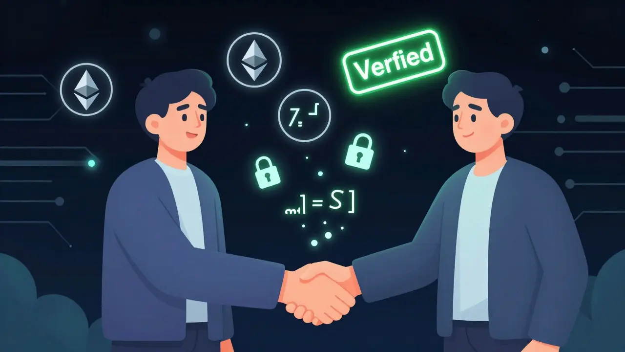 Ein Entwickler und die Blockchain führen eine digitale Handshake-Zertifizierung mit Zero-Knowledge-Proofs durch.