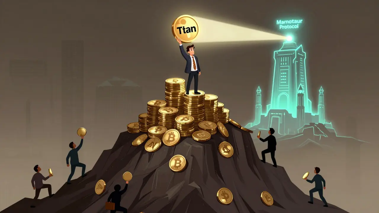 Ein Investor hält eine seltene TAUR-NFT hoch, während andere erfolglos versuchen, die Anforderungen für Profit-Sharing zu erfüllen.