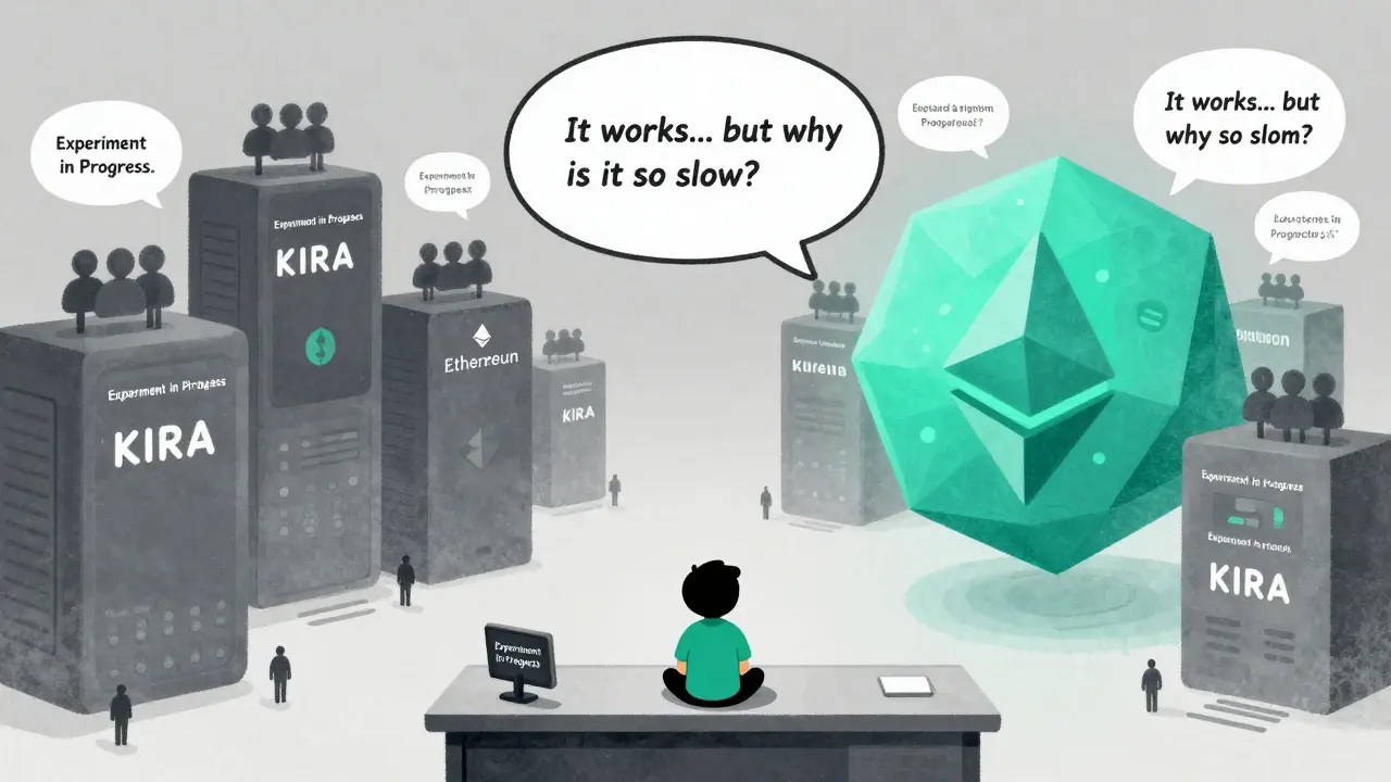 Ein kleines KIRA-Prototyp-App steht neben riesigen Konkurrenten wie Ethereum — ein Experiment in der Welt der Kryptowährungen.
