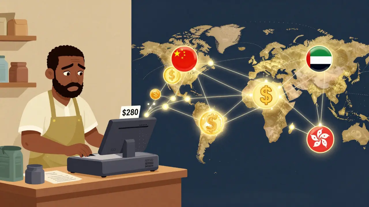 Ein Ladeninhaber in Nigeria versucht, seine Kasse zu aktualisieren, während global digitale Zahlungsnetzwerke verbunden sind.