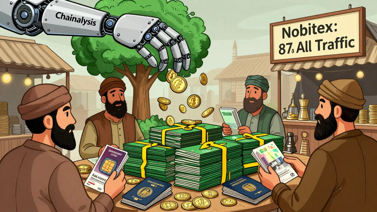 Ein Markt mit gefälschten Identitäten und TRON-Blockchain-Bäumen, von einer riesigen Analyse-Hand gegriffen.