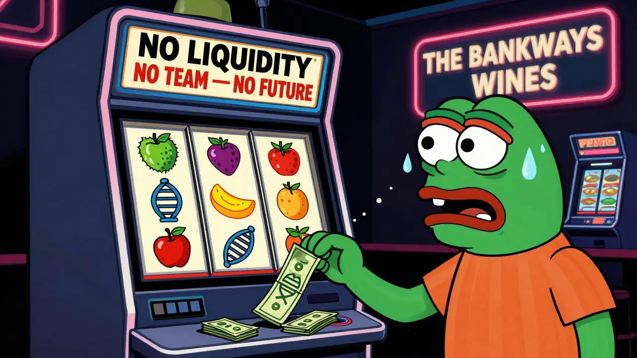 Ein Mensch spielt an einem Spielautomaten mit PEPE DNA-Symbolen, während ein Schild &#039;Die Bank gewinnt immer&#039; leuchtet.