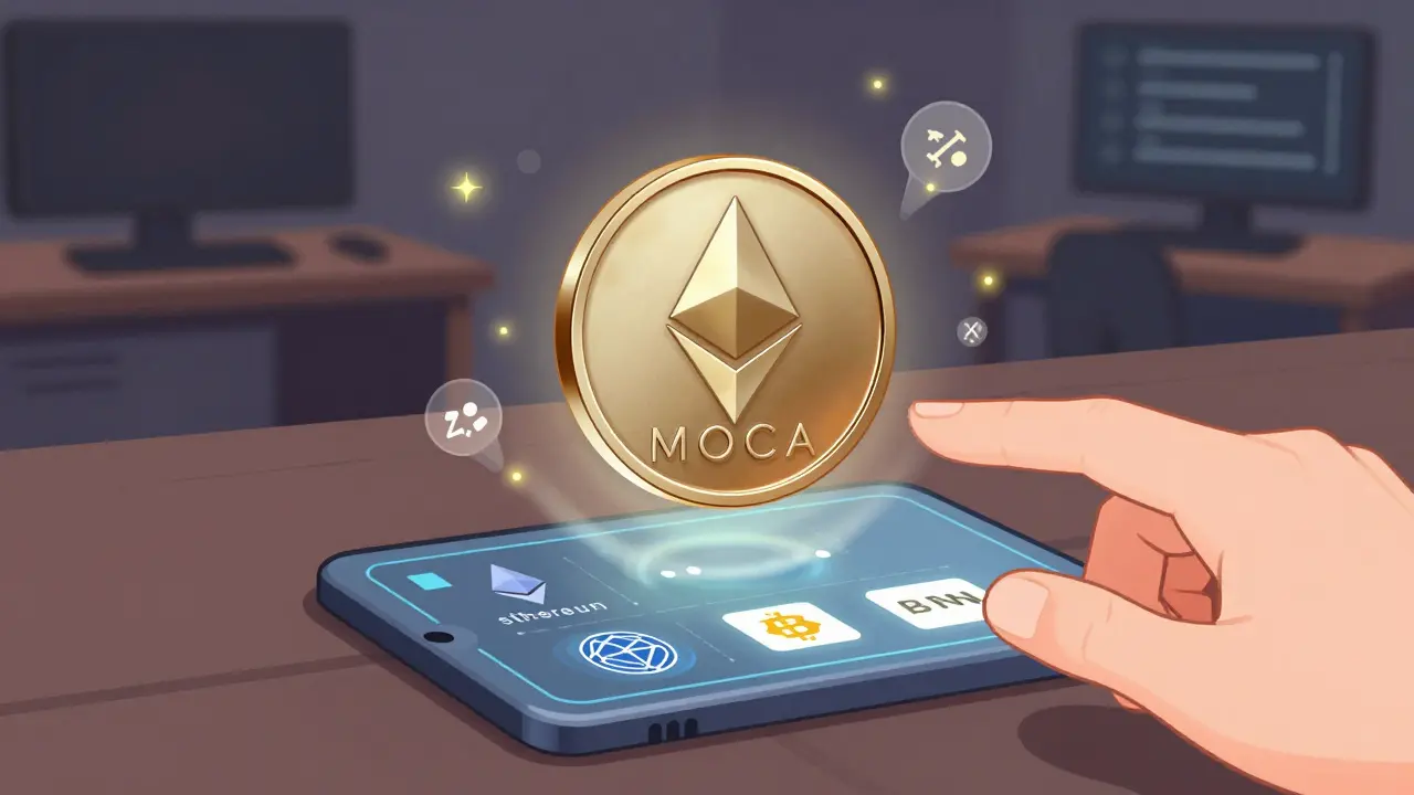 Ein MOCA-Token mit mehreren Blockchains und verschlüsselten zkProof-Symbolen in der Luft.