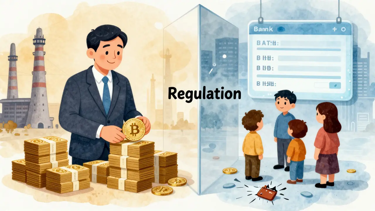 Ein Regierungsbeamter zählt Kryptowährungen, während eine Familie ihr eingefrorenes Vermögen betrachtet — getrennt durch eine Wand aus Regulierung.