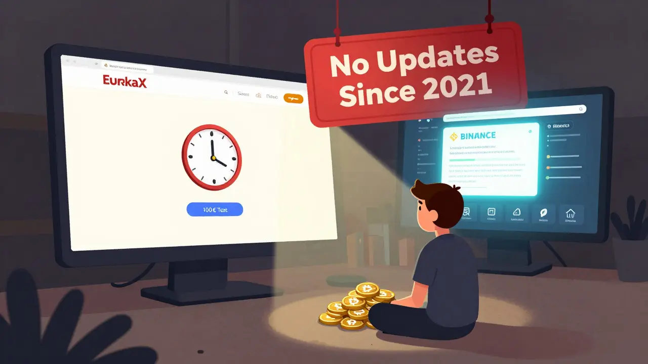 Ein veralteter EurekaX-Bildschirm neben modernen Börsen, mit einer Warnung für veraltete Software.