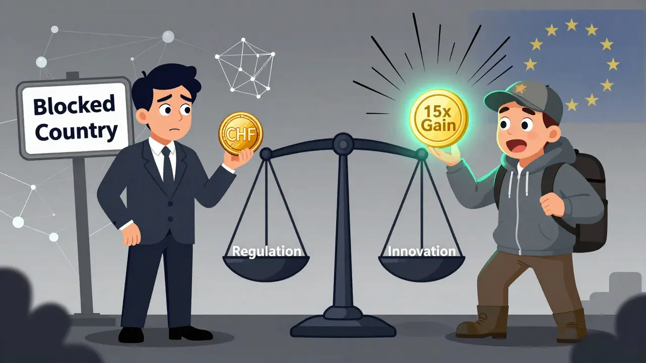 Ein vorsichtiger Anleger gegenüber einem risikofreudigen Entdecker, zwischen ihnen steht die Waage von Regulierung und Innovation.