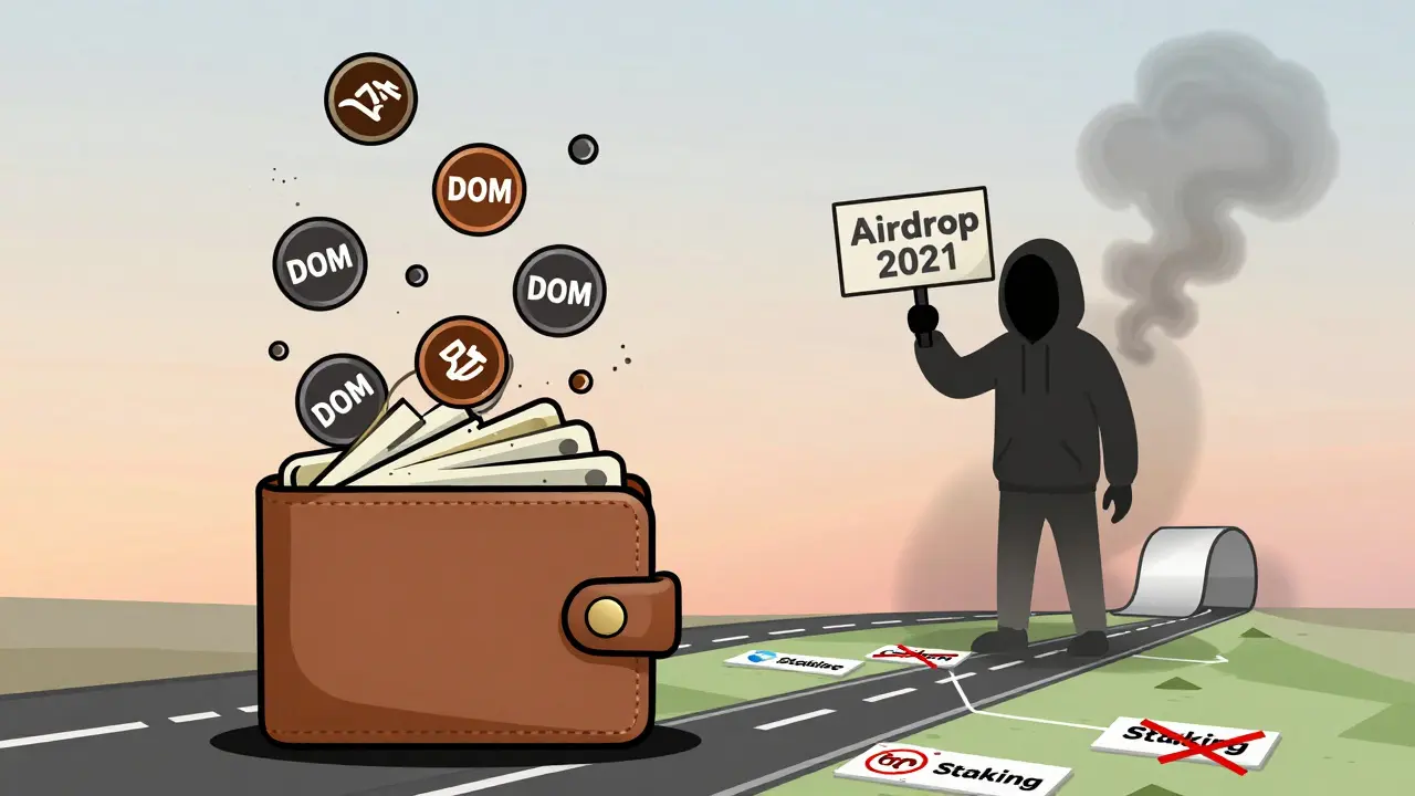 Eine Brieftasche, die DOM-Token in Staub verwandelt, während eine schattenhafte Figur verschwindet.