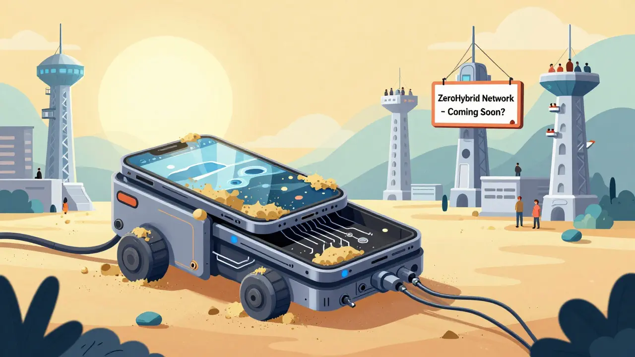 Eine halbfertige Maschine aus Smartphones steht neben funktionierenden Konkurrenten, Symbol für leere Versprechen vs. echte Technologie.