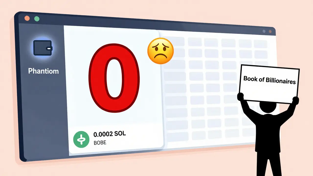 Eine Handelsplattform zeigt eine winzige BOBE-Transaktion an, während der Orderbook leer ist.