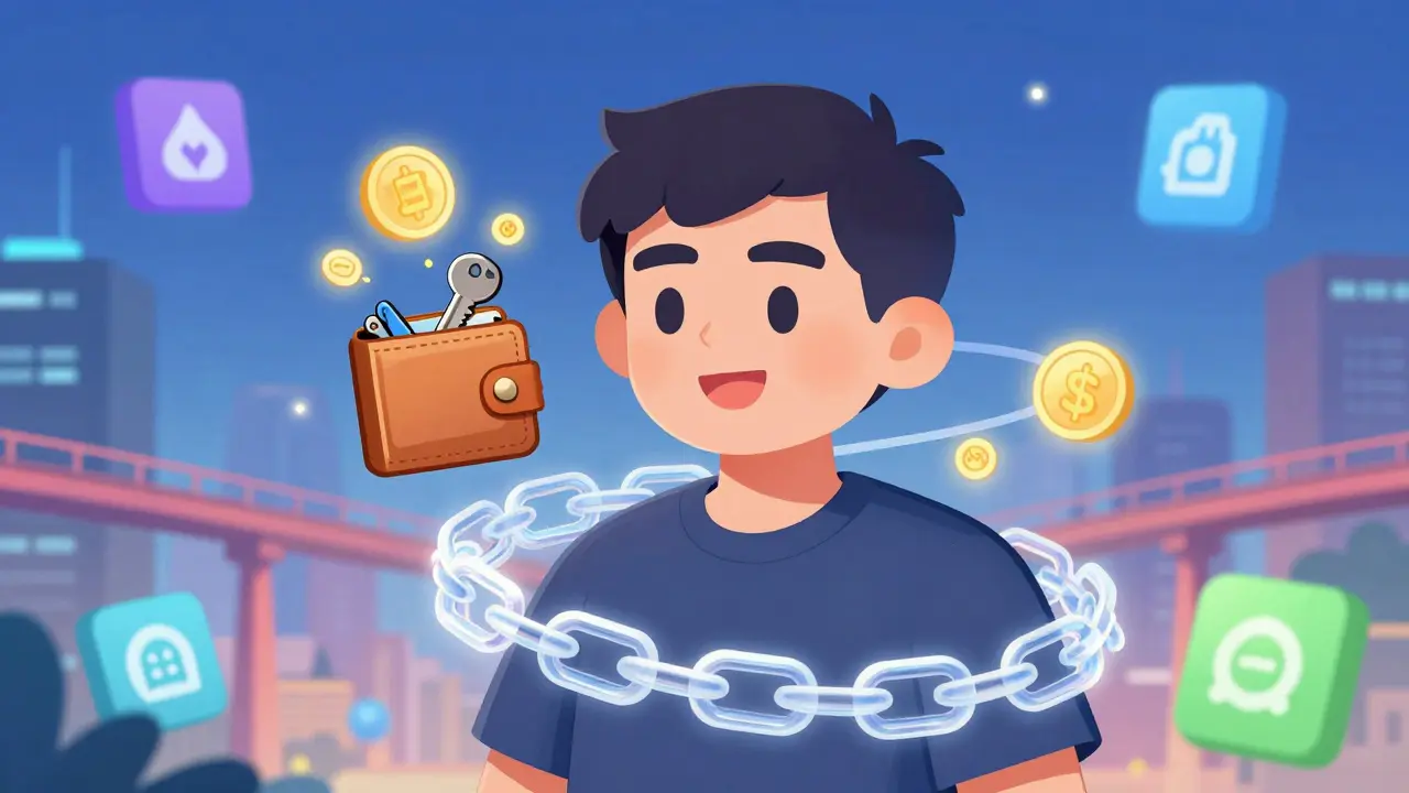 Eine NFT mit eigenem Wallet, das andere NFTs aktiviert, umgeben von einem lebendigen Blockchain-Netzwerk.