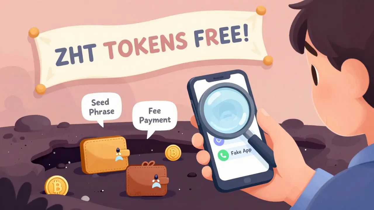 Eine Person untersucht ein Smartphone, das gefährliche Fallen wie &#039;Seed Phrase&#039; und &#039;Gebühr&#039; offenbart, während falsche Airdrop-Banner schweben.