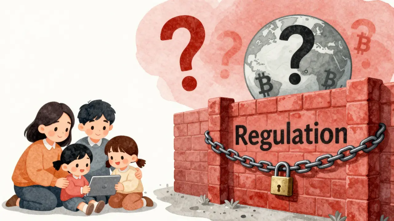 Familie investiert hoffnungsvoll in Krypto, während eine Regulierungsmauer globale Marktfreiheit blockiert.