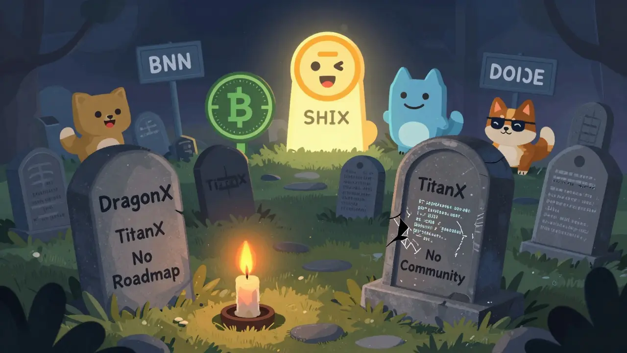 Friedhof für gescheiterte Kryptowährungen mit einem Grabstein für DragonX und einer einzelnen Kerze.